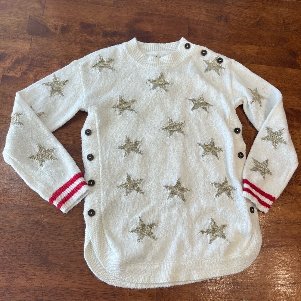 Hatley kids ivory gold metallic star sweater red trim size 8